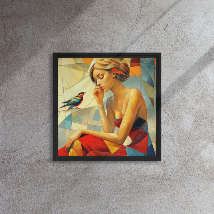 Mosaic Muse With Songbird - Framed Canvas Print