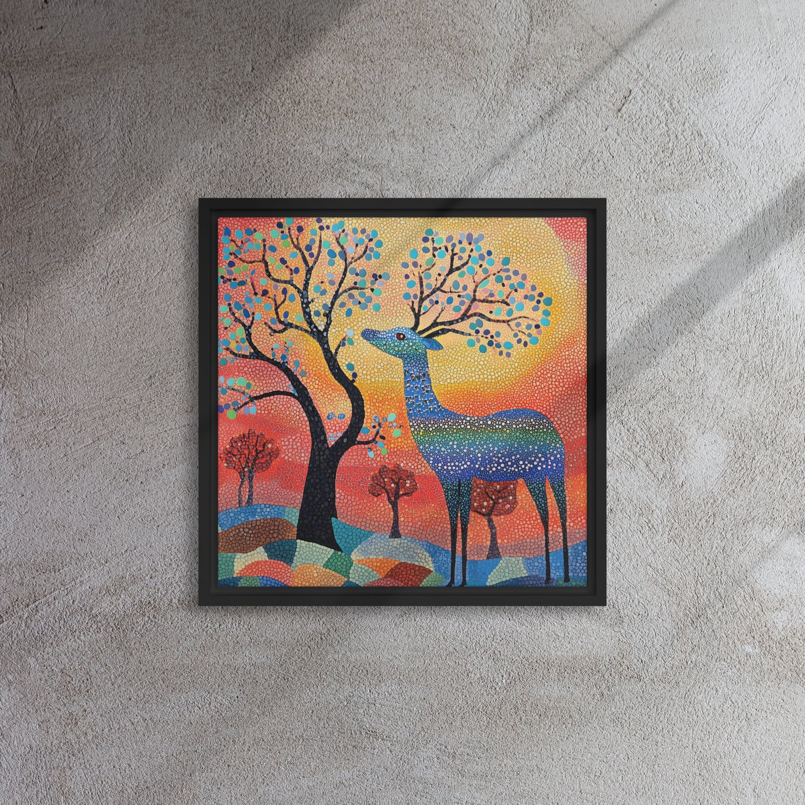 Sunrise Mosaic Deer - Framed Canvas Print