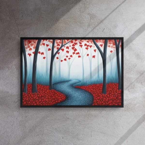 Red Autumn Forest Path - Framed Canvas Print