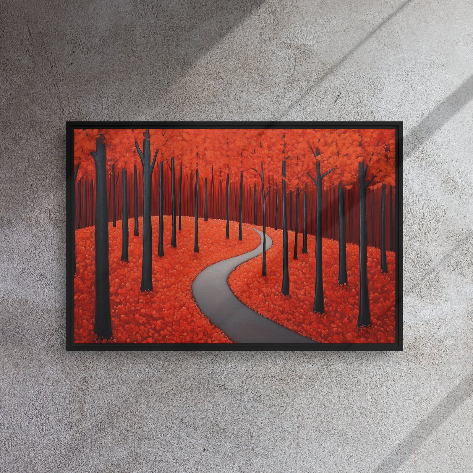 Scarlet Autumn Forest Path - Framed Canvas Print