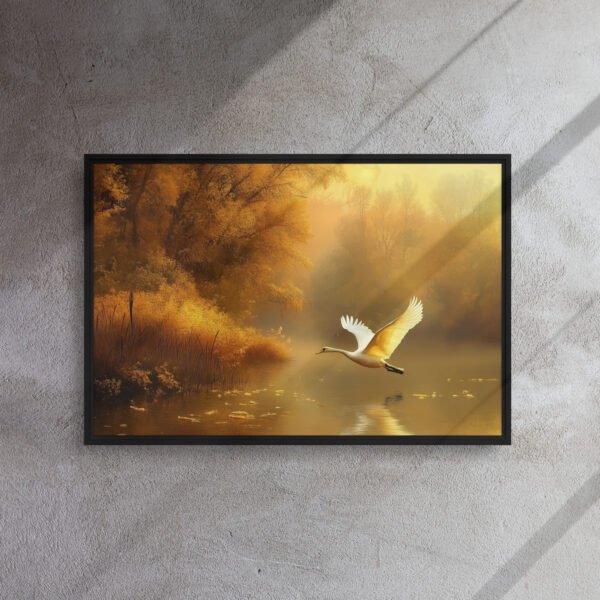 Golden Swan Autumn Lake - Framed Canvas Print