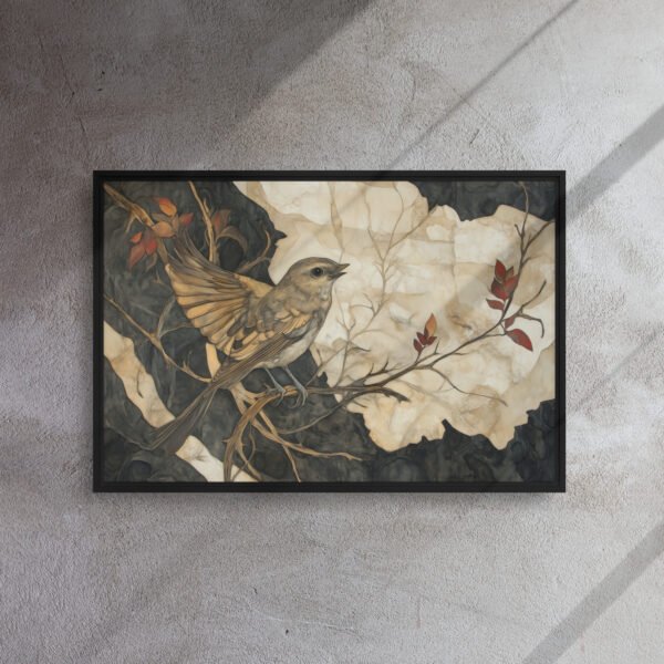 Sepia Songbird Branch Art - Framed Canvas Print