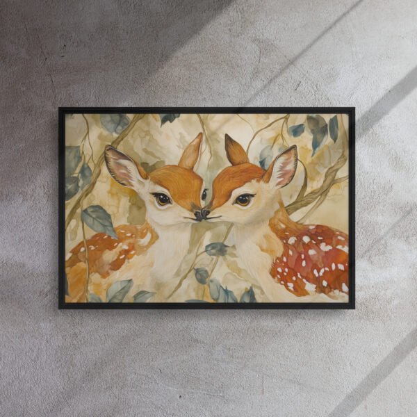 Fawn Kisses Woodland Art - Framed Canvas Print