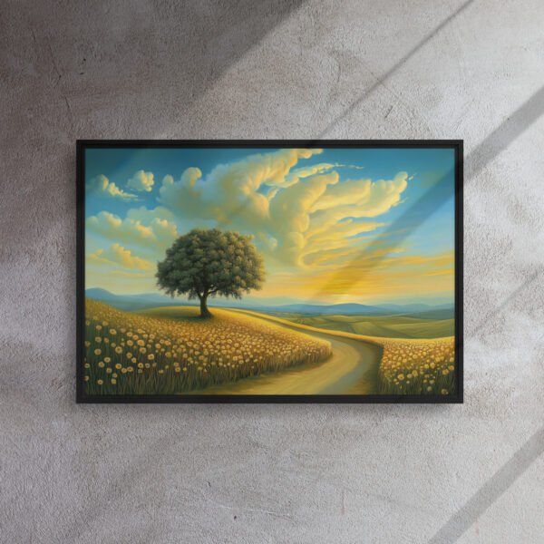 Golden Meadow Sunset Path - Framed Canvas Print