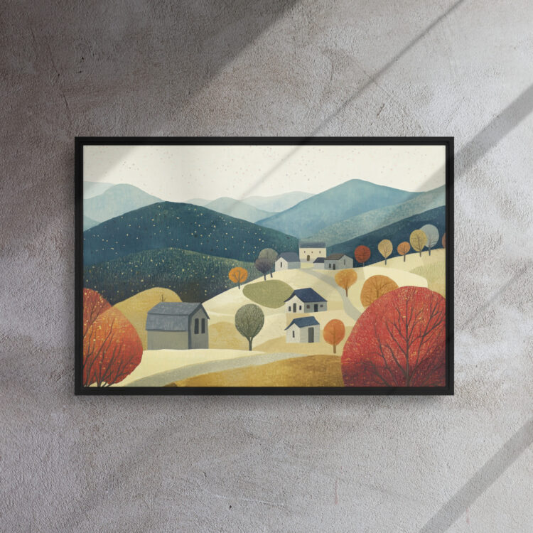 Autumn Hillside Village Serenity - Framed Canvas Print
