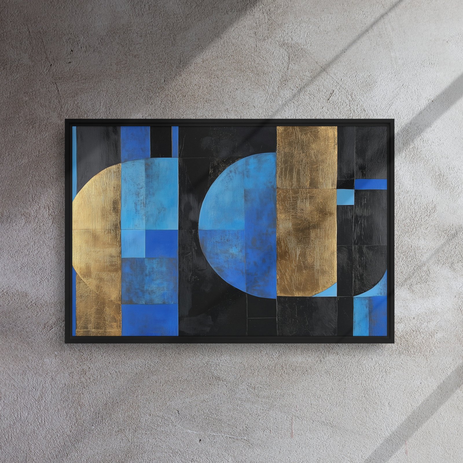 Blue Gold Noir Geometric Art - Framed Canvas Print