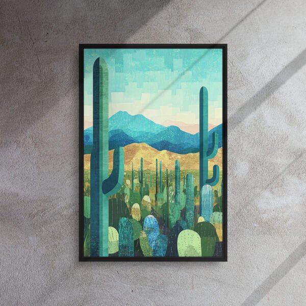 Azure Saguaro Desert Art - Framed Canvas Print