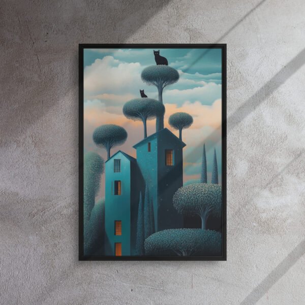 Mystic Feline Villa Dreamscape - Framed Canvas Print