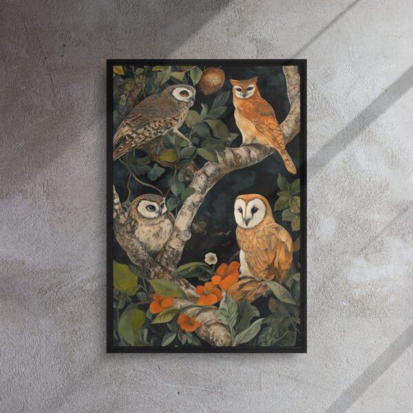 Verdant Owl Gathering Canvas - Framed Canvas Print