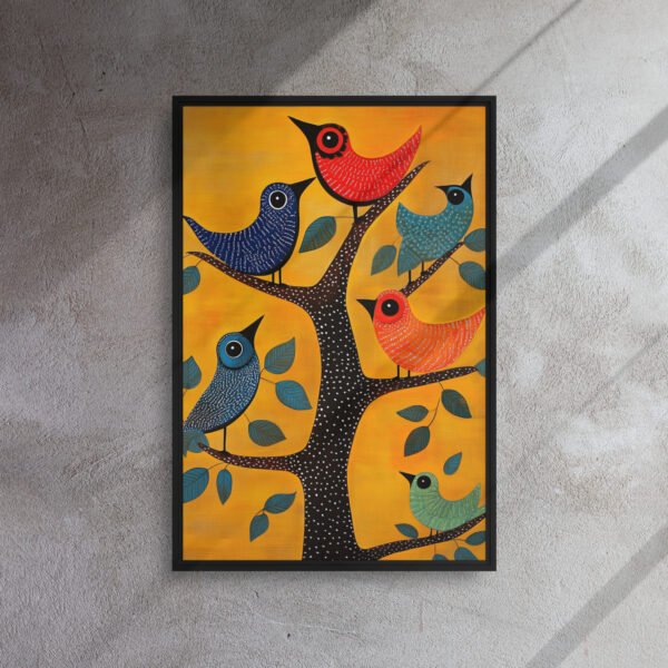 Folk Birds Tree Art - Framed Canvas Print