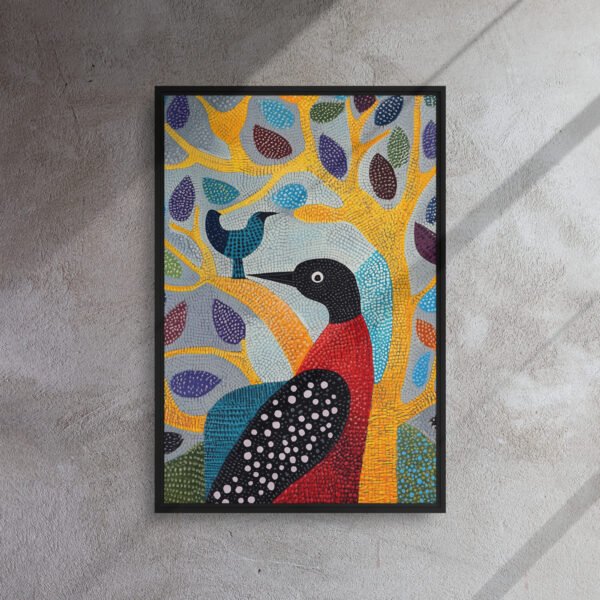 Dotted Birds Vibrant Tree - Framed Canvas Print