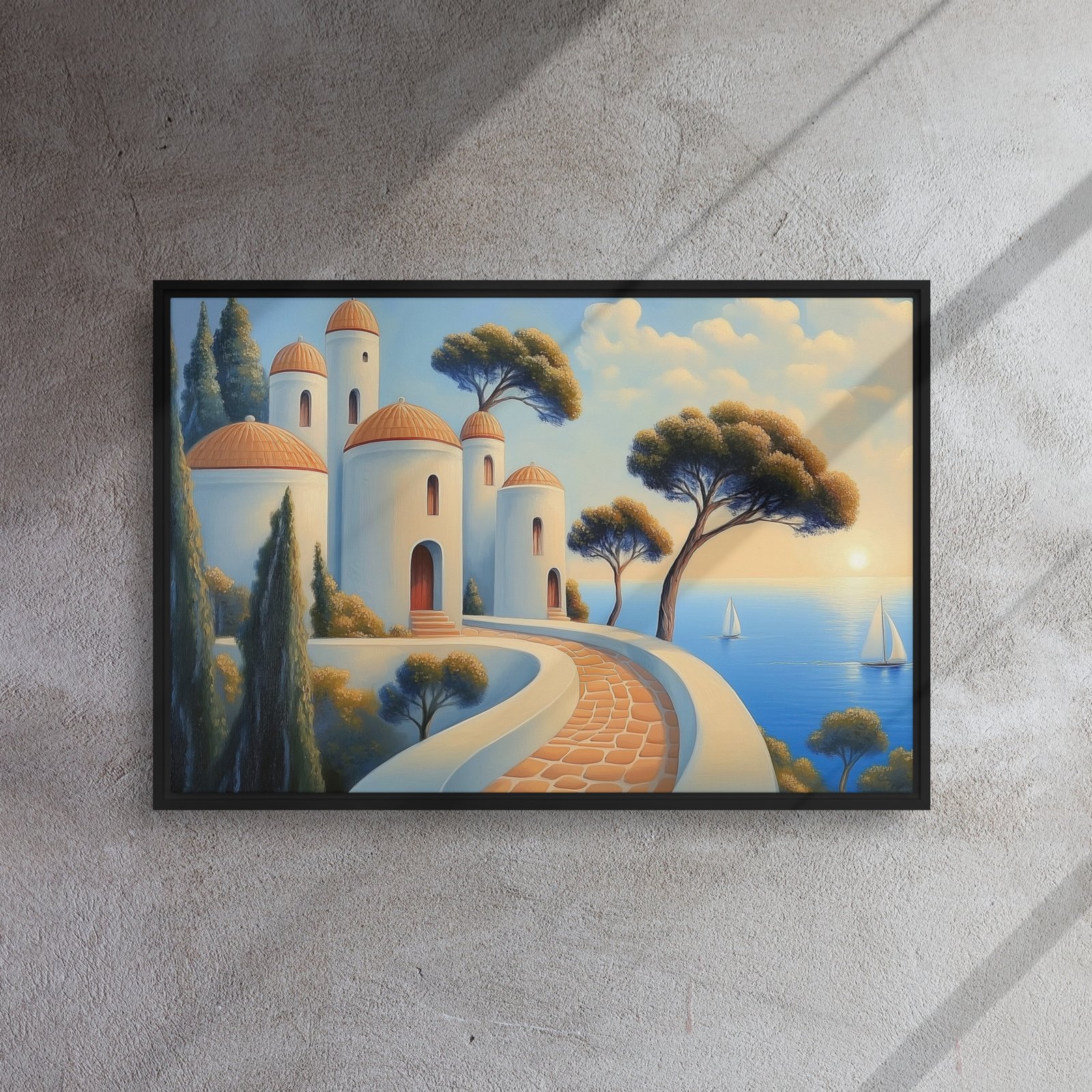 Mediterranean Seaside Sunset - Framed Canvas Print